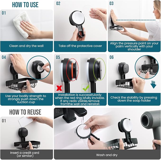 TAILI Soap Dish for Shower, Bar Soap Holder,Suction Visible Indicator,Black | Soap Holder Shower, Soap Bar Holder for Shower Wall, Removable Bathroom Sponge Holder, One-Press Plastic Soap Dish