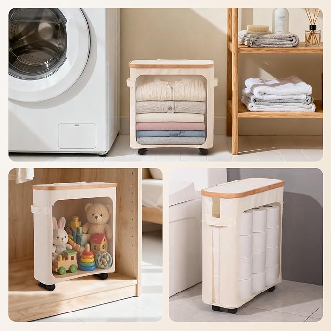 Toilet Paper Storage Organizer with Lid, 33L, Holds 16 Rolls, Grey (Beige) | Slim Foldable Design, Waterproof, with Lockable Wheels for Mobility, Ideal for Bathroom, Bedroom, Dorm, Laundry Room