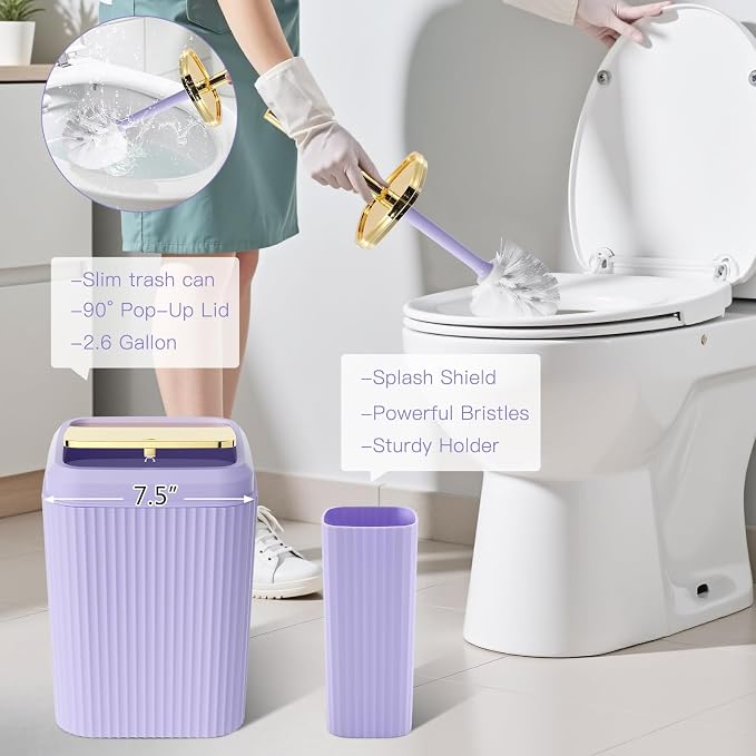 21PCS Bathroom Sets with Shower Curtain and Rugs Bathroom Accessories Set Light Purple Bathroom Set Complete with Trash Can, Toilet Brush, Qtip Holder & 3PCS Soap Dispenser