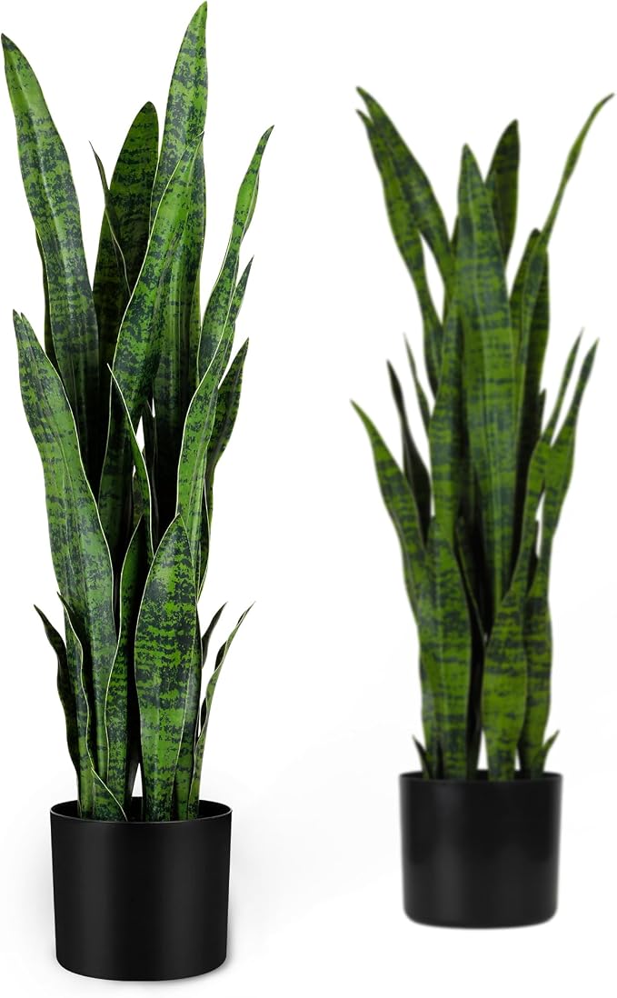 KOL 3ft 2-Pack Artificial Snake Plant - Thick Lifelike Leaves, Faux Silk Sansevieria for Indoor Home & Garden Decor, 35in Potted Fake Mother-in-Law's Tongue Plants, Green