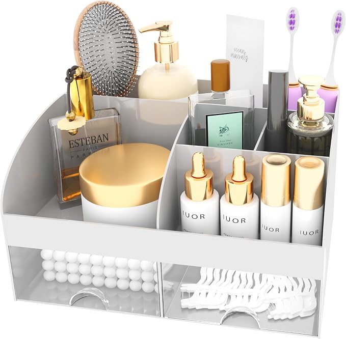 Makeup Organizer with Drawers, Cosmetic Storage for Dresser Vanity and Bathroom Countertop, Beauty Holder for Lipstick Brush, Skincare Organizer for Vanity, Cosmetic Display Case (Grey)