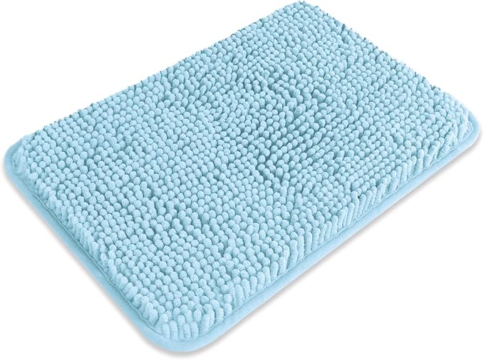 Small Bathroom Rug 12"x18" – Washable and Absorbent Bath Mat, Non Slip, Thick Soft Chenille Bath Rugs for Bathroom, Shower, Sink, Dog mat(Light Blue)