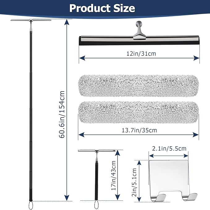 Metal Shower Squeegee with 17'' - 60'' Extension Pole for Window,Glass Door | 12'' Wide Telescopic Shower Squeegee For Tile Shower Walls Cleaner with Long Handle, Window Squeegee With Extension Pole