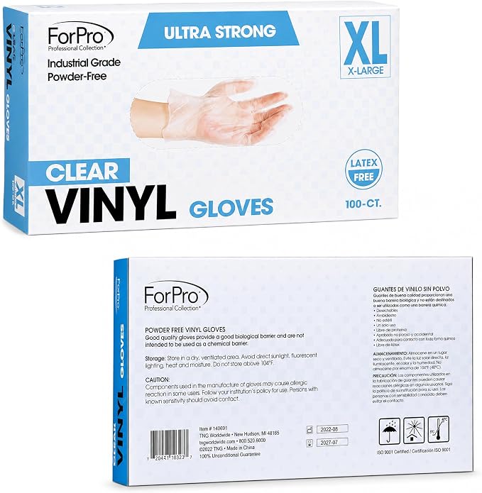 ForPro Disposable Vinyl Gloves, Industrial Grade, Powder & Latex Free, Non-Sterile, Food Safe, 2.75 Mil Palm, 3.9 Mil Fingers