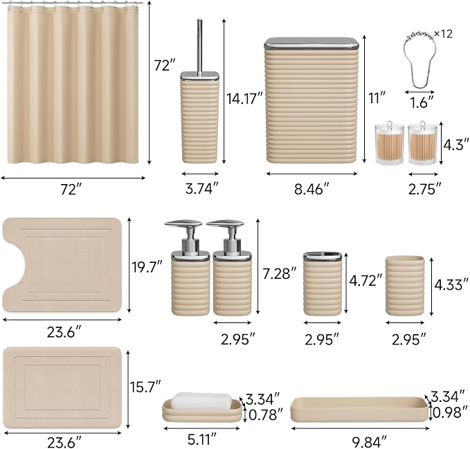 Bathroom Set - 25PC Bathroom Sets with Shower Curtain and Rugs, Beige Bathroom Set, Bathroom Accessory Set, Luxury Bathroom Accessories Set, Trash Can, Toilet Brush, Soap Dish & Soap Dispenser