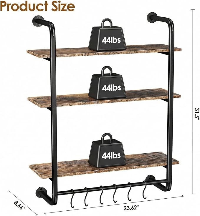3 Tier Industrial Pipe Floating Shelf, 24" Kitchen Wall Shelves | with Towel Bar & 6 Hooks, Coffee Bar Shelves Display Bookshelf Wall Shelf for Kitchen, Bathroom, Home Décor, Rustic Brown