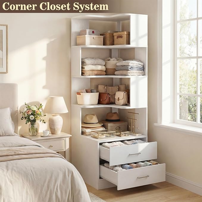 Corner Book Shelf with Drawers, Small Corner Shelf with Drawers | L Shaped BookShelf 6-tier Bookcase for Bedroom Storage, Living Room, Home Office, Kitchen Pantry, White
