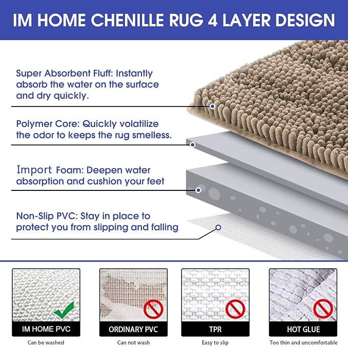 Striped Dark Beige Bathroom Rug Mat 44"x24" Ultra Soft, Non Slip Chenille Bath Rugs, Absorbent Plush Shaggy Bath Mats for Bathroom, Bedroom, Kitchen, Shower, Tub,Taupe