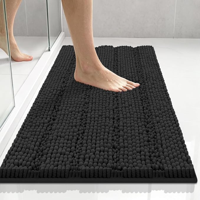Bcoimo Small Bath Rug Mat,24x17 Chenille Non Slip Black Bathroom Floor Mats | Extra Soft Bathroom Rugs;Non Slip Rubber Back Bath Mats;High Absorbent & Quick Dry Microfiber mat;Machine Washable