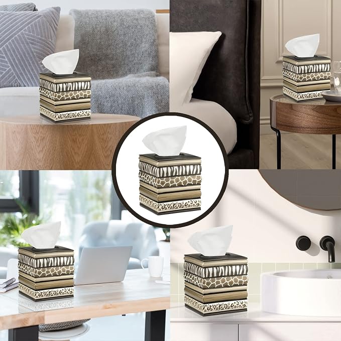 Resin Tissue Box Cover for Modern Home Decor - Minimalist Square Tissue Box Holder for Guest Room, Bedroom, Bathroom, Tabletop & Office - Durable and Aesthetic Tissue Holder, Safari Stripes