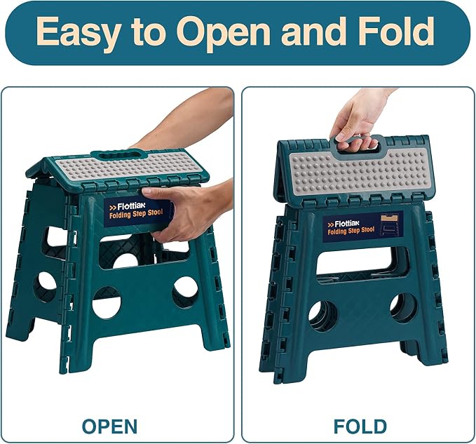 Flottian 13" Folding Step Stool for Adults and Kids Holds Up to 300 lbs,Non-Slip Folding Stools with Handle, Compact Plastic Foldable Step Stool for Bathroom,Bedroom, Kitchen Turquoise Green,1PC