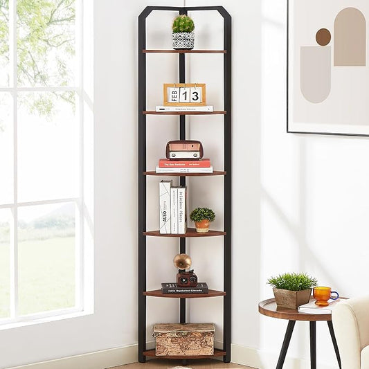 MNEETRUNG 6 Tier Corner Shelf,71" Narrow Corner Bookshelf for Living Room,Bedroom,Brown