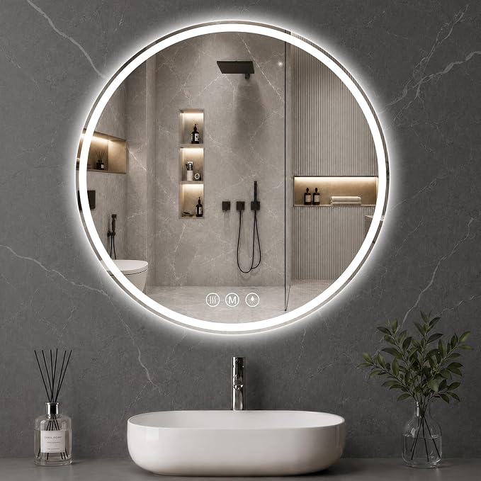 Round LED Bathroom Mirror, 24 Inch, HD Shatterproof Tempered Glass | Lighted Bathroom Mirror with Dimmable Lights Bathroom Mirror with Lights for Wall, 3 Color Temperatures