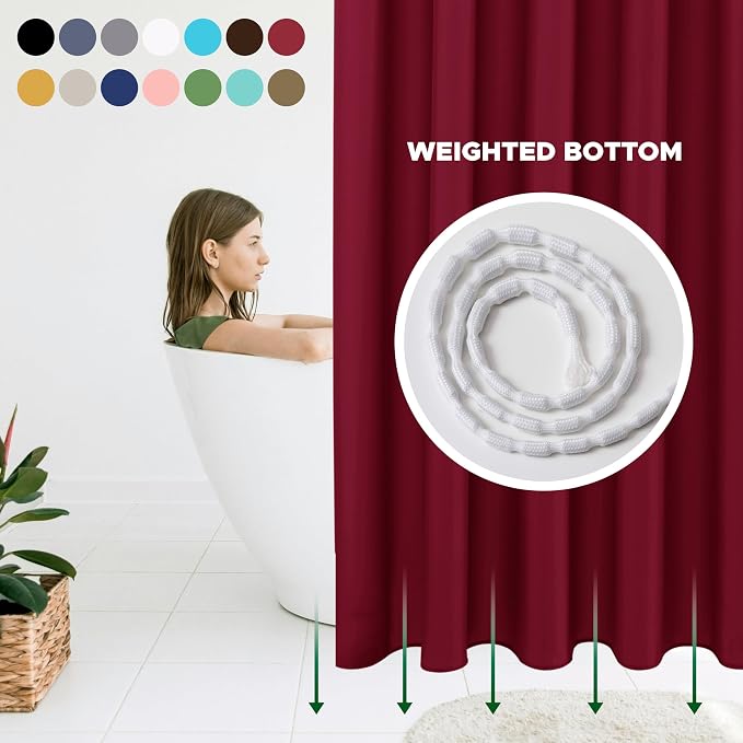 Biscaynebay Extra Long Fabric Shower Curtain Liners 72" Width by 84" Length, Burgundy Water Resistant Bathroom Curtains Rust Resistant Grommets Top Weighted Bottom Machine Washable