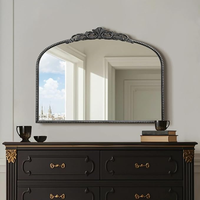 Micasso Vintage Black Arched Mirror: 32"x24" Baroque Antique Vanity Mirror | Traditional Ornate French Decorative Wall Mirror for Bedroom/Bathroom/Entryway/Hallway/Dresser/Mantel/Nightstand/Over Sink