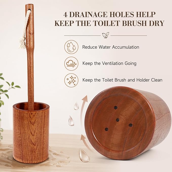 Wooden Toilet Brush and Holder, 13.9'' Long Handle Toilet Scrubber | Durable Ebony Wood, Natural & No Plastic, Moderate Hardness Bristles, No scratch, Stable Holder, Decoration for Bathroom