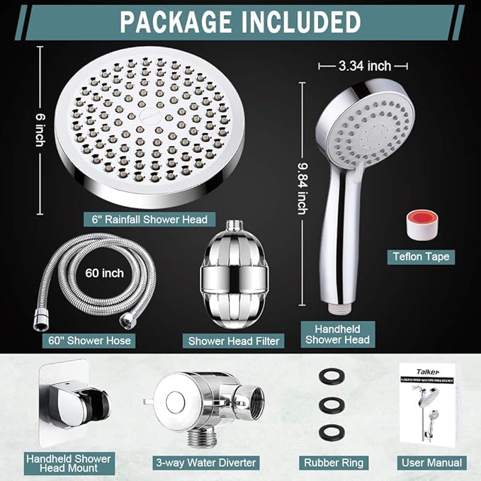 Filtered Shower Head with Handheld, High Pressure Rainfall Shower Head | Filter for Hard Water, Removes Chlorine & Impurities, 60'' Hose, Adjustable Holder, Chrome Finish (Silver)