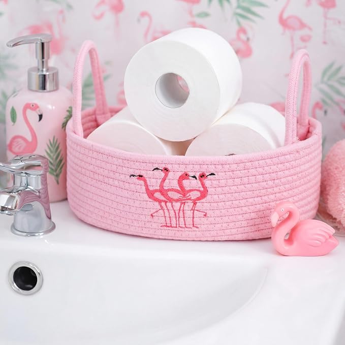 Vesici Pink Flamingo Bathroom Basket Woven Cotton Rope Storage 13x6x4 Inch | Boho Decor Basket for Countertop, Toilet Tank Organizer with Handles, Nursery Toys Storage, Bedroom Decorative Bin