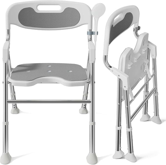 Foldable Shower Chair with Arms and Back Inside Shower, 400LBS Heavy Duty Shower Seat for Elderly Seniors Disabled Adults, U-Shape Cutout 6-Level Height Adjustable Folding Bath Stool