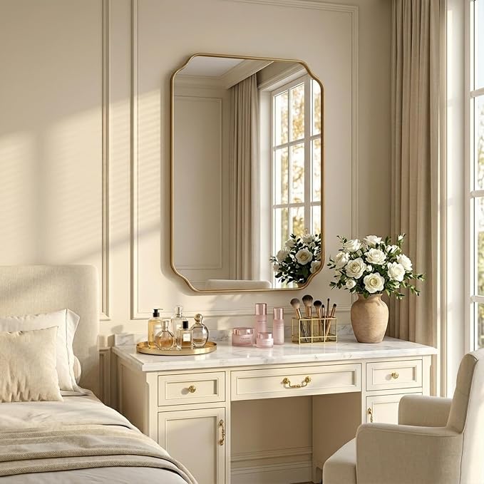 30"x22" Gold Wall Bathroom Mirror, Scalloped Edge Vanity Mirror | Hangs Vertically/Horizontally, Wooden Frame Decorative Mirror, For Vanity, Bedroom & Entryway, Aesthetic Bathroom Decor