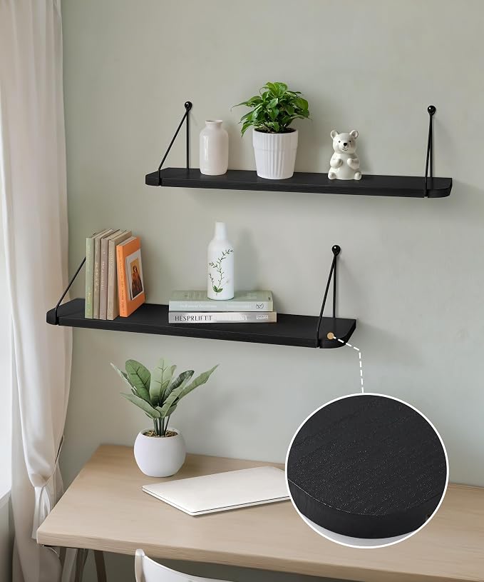 Afuly Black Floating Shelves for Wall, 24in Shelf with Brackets, Set of 2 | Long Hanging Bookshelf, Plants Photos Display, Organizer Modern, for Bathroom, Kitchen, Living Room, Bedroom, Home Decor