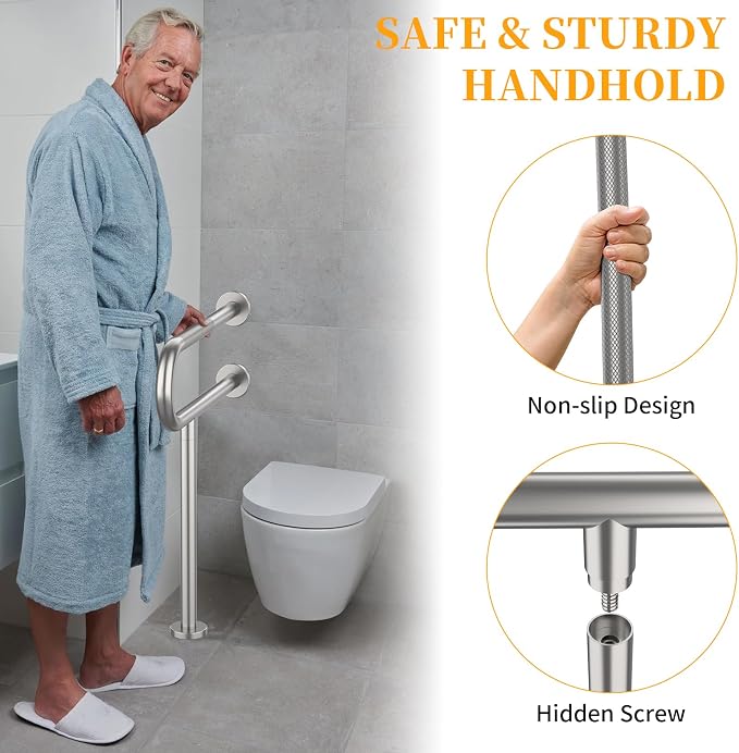 Toilet Grab Bar 24 Inch,YuanDe Wall to Floor Brushed Nickel Safety Grab Bar | Anti-Slip Knurled Grip,Stainless Steel Bathroom Handicap Grab Bar with Leg,Support Bar for Disabled Elderly Pregnant