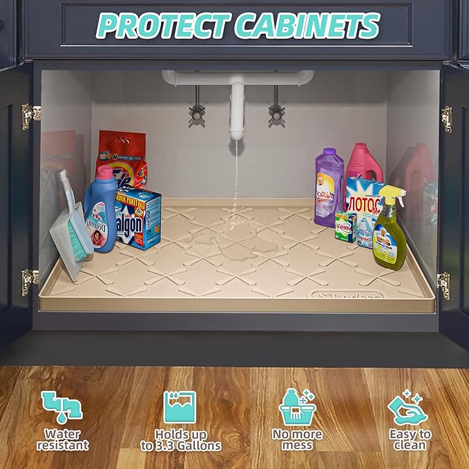 Waterproof Under Sink Mat Silicone 28" x 22" Kitchen Cabinet liner | BPA-Free Silicone Mat with Raised Lip Protects Cabinets from Leaks, Versatile Home Organizer for Bathroom, Pets, Boots, Floor
