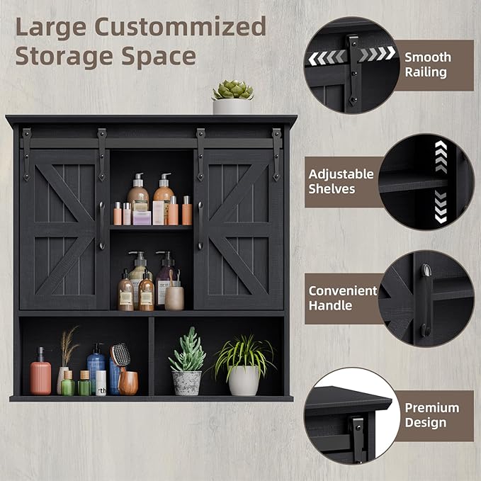 Vabches Bathroom Wall Cabinet, Farmhouse Medicine Cabinet, Black | Wooden Vintage Storage Cabinet Wall Mounted with Double Sliding Barn Door and Adjustable Shelf for Bathroom, Kitchen