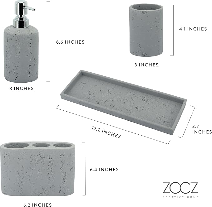 -Beige Bathroom Accessories Set 4 Pcs - Toothbrush Holder, Soap Dispenser, Vanity Tray, Bathroom Tumbler - Countertop Vanity Organizer - Bathroom Accessory Set- Toothbrush Holder Set, Stone Sets