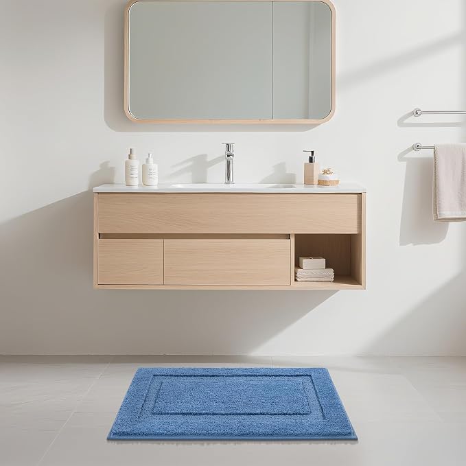 SHACOS Soft Microfiber Bathroom Rugs Set of 2 Pieces, Blue | 47x20 + 32x20, Absorbent Plush Bath Rugs, Non Slip Washable Shaggy Bath Mats, Fluffy Bathroom Runner Floor Mats Shower Rug