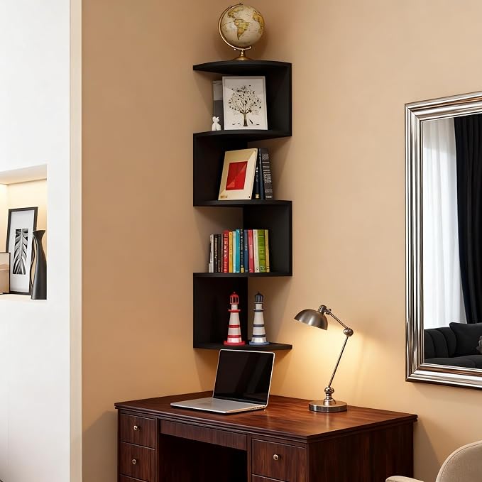5-Tier Corner Shelf Wall Mount, Screw-Mounted Floating Bookshelf with Enhanced Support, Space-Saving Zigzag Shelf for Bedroom, Living Room, Office, Garage – (Black)