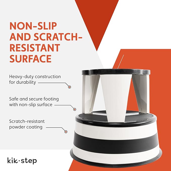 Round Step Stool for Kitchens, Cramer Kik-Step Heavy Duty Rolling Steel Stool, Non-Slip, Holds 350 lbs (White)