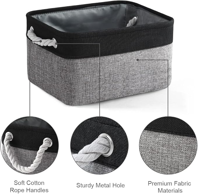 Storage Basket for Organizing - 14x10x7 inch Medium 3 Pack Collapsible Storage Bin for Shelves with Rope, Fabric Storage Cubes for Organizer Cloth Gift Toy Closet (Black & Grey)