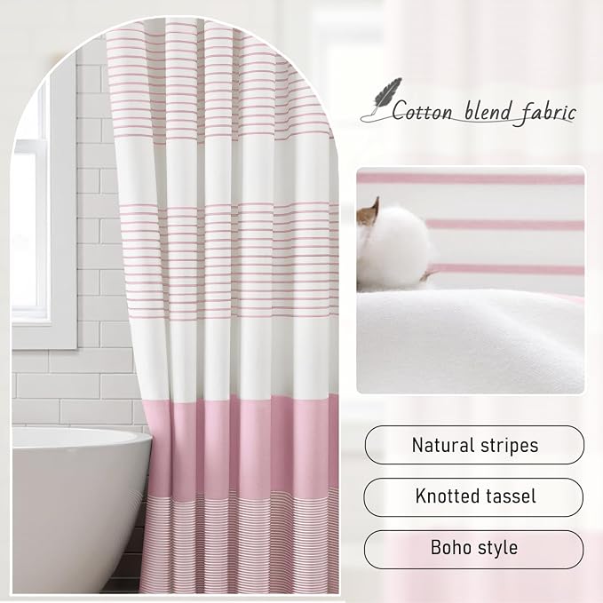 Pink Boho Cotton Striped Shower Curtain with Tassel 72" W X 72" L | Boho Farmhouse Shower Curtains for Bathroom with Soft Cotton Feel