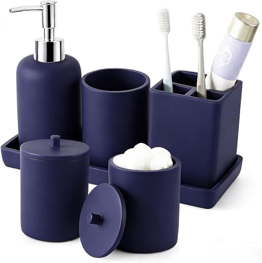 Resin 6 Pcs Navy Blue Bathroom Set Complete with Toothbrush Holder, Lotion Soap Dispenser, 2 Qtip Holder Dispensers,Vanity Tray,Bathroom Tumbler - Countertop Vanity Organizer - Bathroom Accessories