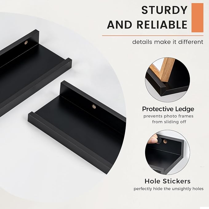 Picture Ledge Shelf, Floating Shelves Set of 2, 16 Inches Nursery Book Shelves for Toys Storage, Kids Bookshelf Wall Mounted for Living Room Bedroom Decor Books Photo Frames, Black