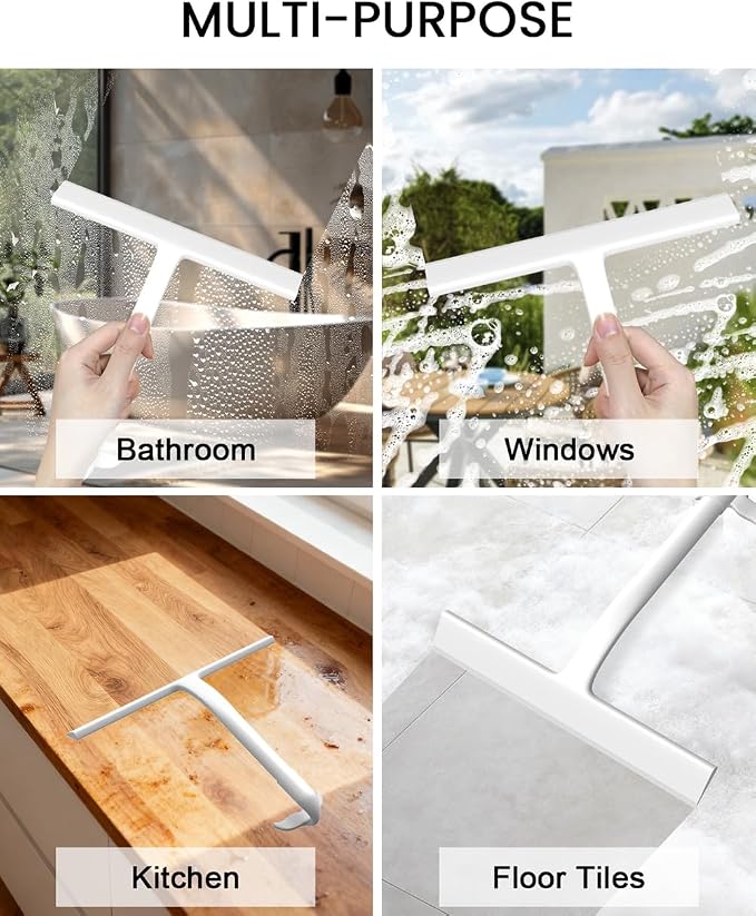 Shower Squeegee for Glass Doors, 8 in Silicone Bathroom Squeegee with Hook | Mutil-Purpose Glass Squeegee for Tile Shower Walls, Floors, Windows, Car Cleaning, No-Squeak & Streak Free Squeegee Tool