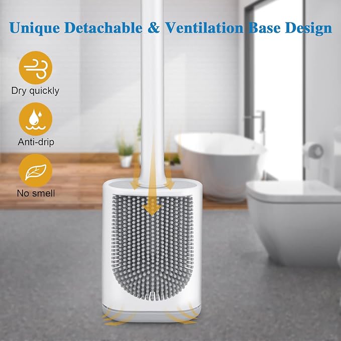 Silicone Toilet Brush and Holder, Wall Mounted No Rust Problem White | TPR Small and compact Flex Flat head Scrubber Ergonomics Modern Cute Bendable Matte Hidden Bathtub