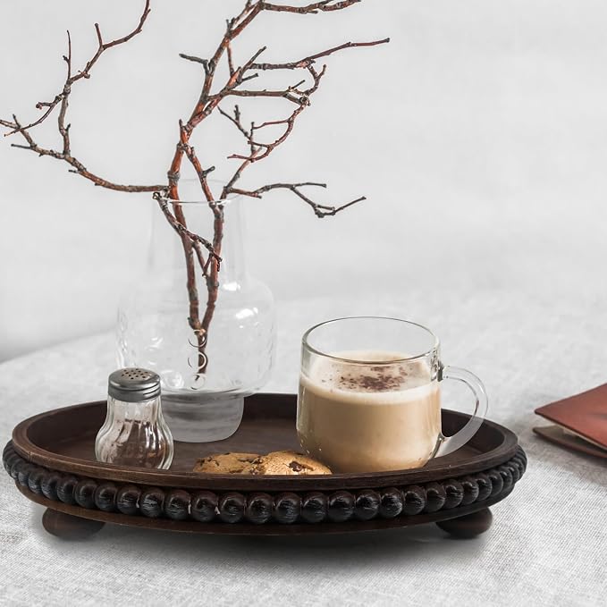 Wooden Serving Tray: 12in Brown Round Wood Butler Decorative Tray Candle Holder Trays Centerpiece Farmhouse Ottoman Tray for Decor Countertop Home Decor Accessories for Coffee Table