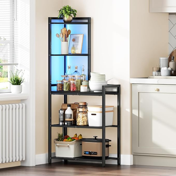 HOOBRO 5-Tier Corner Shelf Stand, Corner Shelf with LED Light, 56.3" Tall Corner Bookshelf, Display Rack Storage Organizer with Table, for Small Spaces, Living Room, Entryway, Black BB69DCJ01