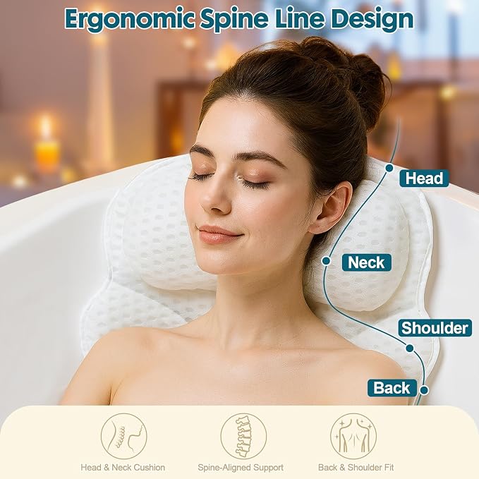 Small Bath Pillow – Bathtub Pillow with Head, Neck & Shoulder Support, Non-Slip Tub Pillow for Bathtub & Jacuzzi, Breathable Bath Tub Pillow with Wash Bag, Bath Accessories Gift for Women & Men