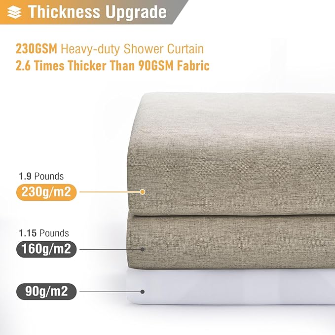 Extra Long Linen Textured Waterproof Shower Curtain, 72x96, Khaki/Tan | Heavy Duty Polyester Cloth, 12 Plastic Hooks, Elegant Drape, Modern Hotel Style, Bathroom Decor, Machine Washable, Quick-dry