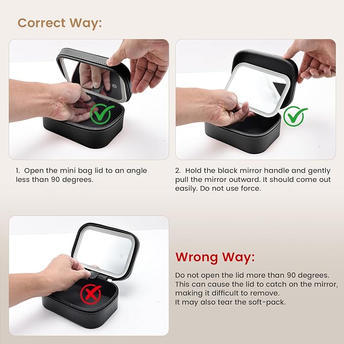 Faquenc Leather Travel Makeup Bag with LED Lighted Mirror Adjustable Brightness in 3 Colors Mini Cosmetic Bag Portable Makeup Pouch Travel Toiletry Bag for Women Instant Touch-up Vanity Black
