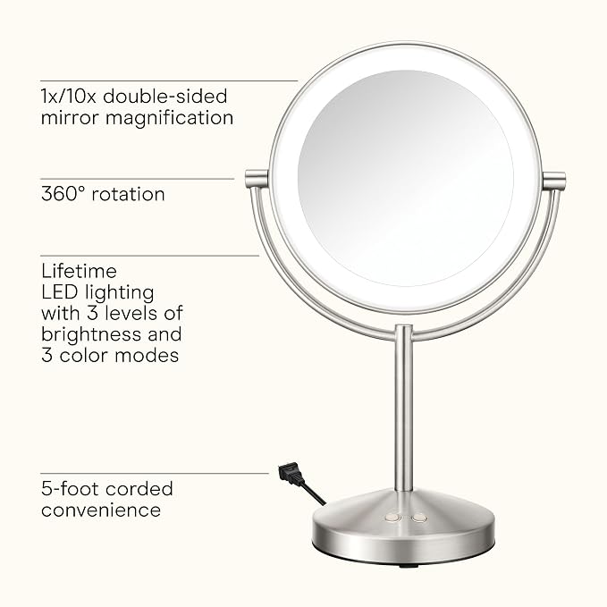 Conair LED Vanity Mirror, Double-Sided, 10x Maginification, Satin Nickel | Lighted makeup mirror with 3 color modes, 360° rotation, a satin nickel finish, a 5-foot power cord, and an 8.5" mirror
