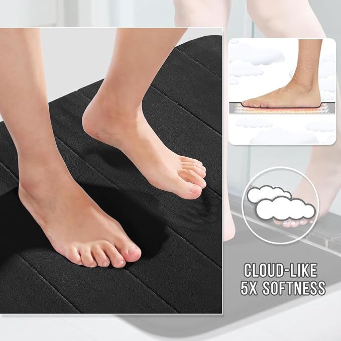 Yimobra Memory Foam Bath Mat Set 3 Pieces- Super Soft Absorbent Quick Dry Bathroom Rug Sets, Machine Washable Non Slip Floor Carpet for Tub Shower, Vanity & Toilet Base, Black