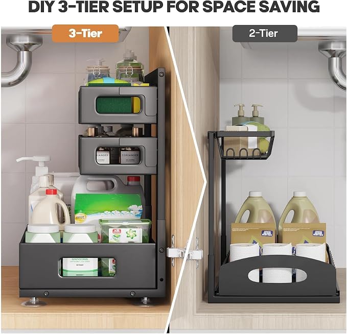 2 Pack 21IN-Depth Under Sink Organizer,Pull Out Cabinet Organizer With Smooth Cylindrical Rail,Metal Slide Out Drawer for Kitchen Bathroom Laundry,8-Level Tool Free Height Adjustable-Black