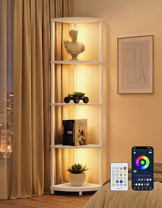 Corner Shelf with LED Light, 5 Tier Smart Color Changing Floor Lamp with Remote, 62" Display Shelf Bookshelf Narrow Storage Rack Standing Lamp for Living Room Bedroom Home Office Decor, White