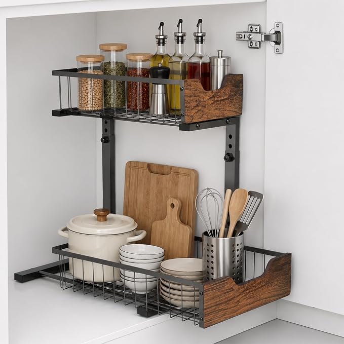 Pull Out Cabinet Organizer 2 Tier Metal Under Sink Organier | Shelf 5 Adjustable Height, Wood Handle, Anti Topple Over, Sturdy Slide out Storage Rack for Bathroom Kitchen Home Pantry