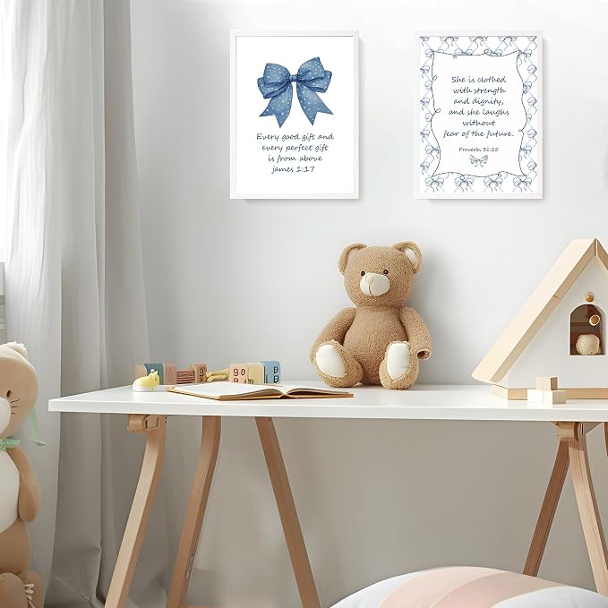 LARTSFRO Coquette Navy Blue Bow Jesus Wall Art Decor Posters, Blue Bow Christian Room Bedroom Bathroom Wall Art Decor Aesthetic for Teen Girls College Gifts, Inspirational Bible Verses Bow Wall Decor, 12x16 Inch Set of 4 Bow Pictures(UNFRAMED)