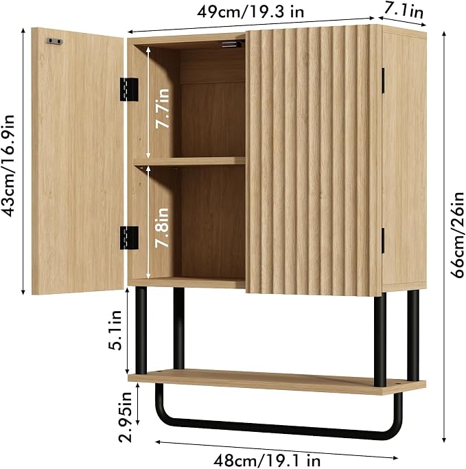 RUSTOWN Fluted Bathroom Wall Cabinet with 2 Doors, 3-Tier Medicine Cabinet | Modern Farmhouse Wall Mounted Cabinets, Over The Toilet Storage Cabinet, Adjustable Shelf and Towel Bar, Medium